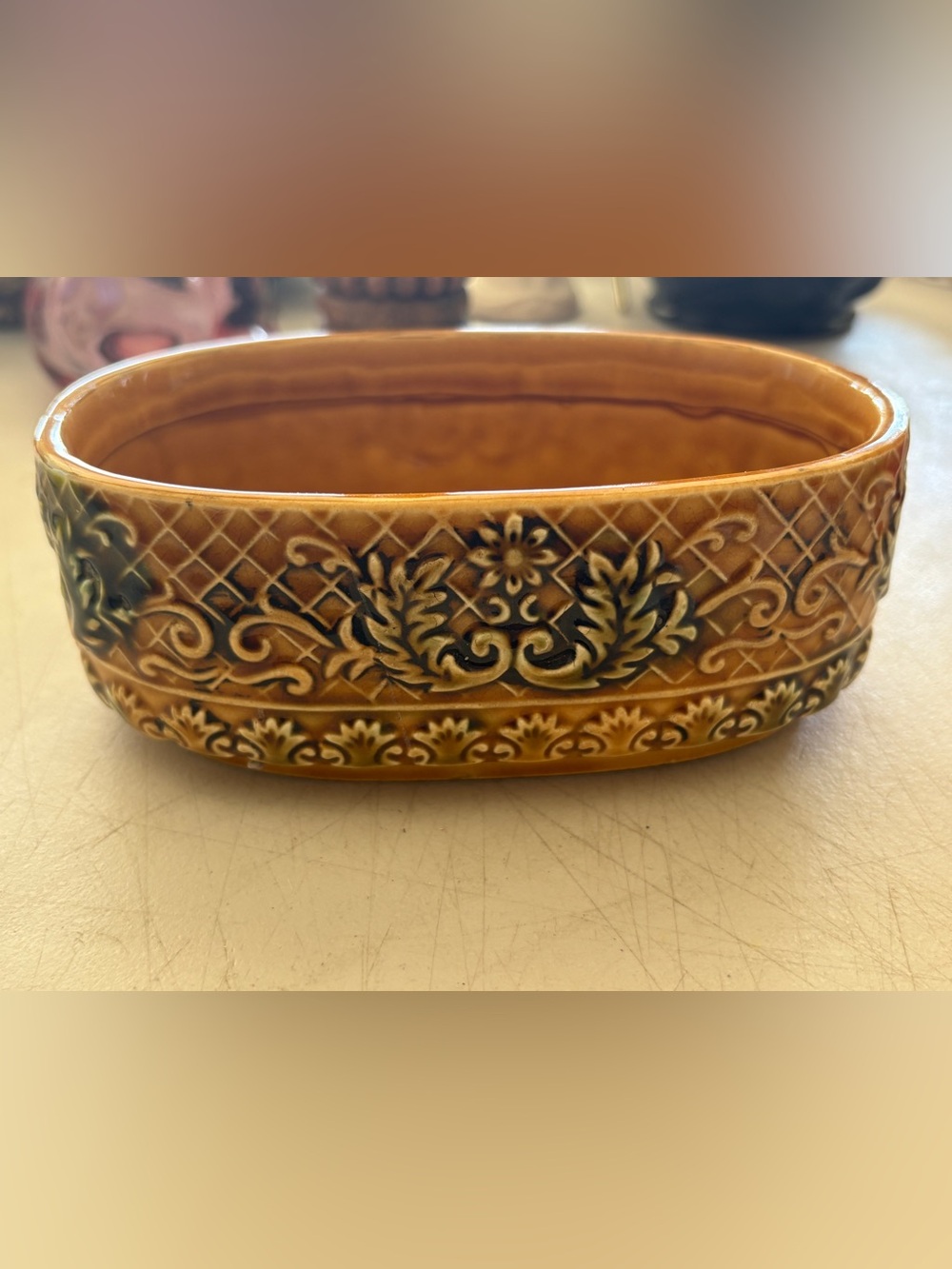 Vintage Ceramic Decorative Embossed Ceramic Bowl in Honey Amber